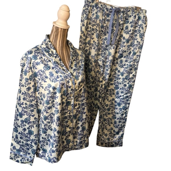 Appleseed's Other - NEW Appleseed's Pajama Set Large Blue & White Floral Satin Relaxed Fit Cottage